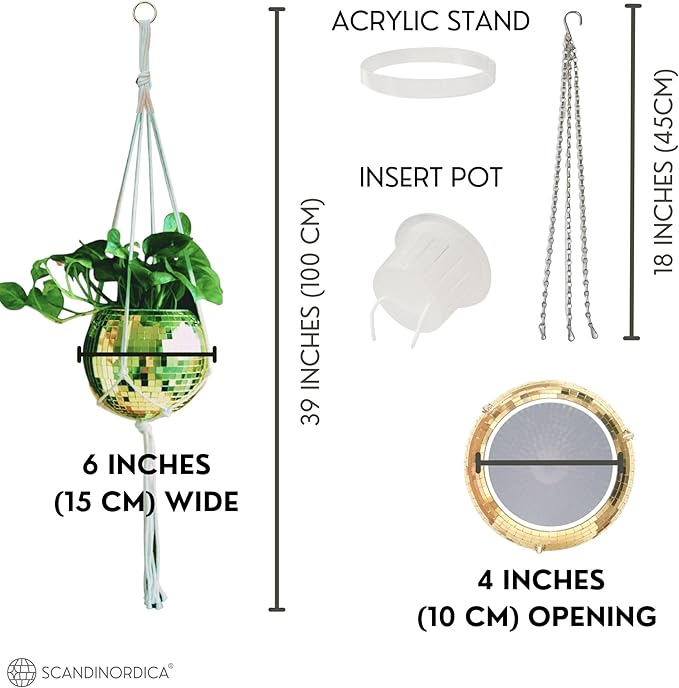 SCANDINORDICA Disco Ball Planter – Value Package: Mirror Disco Planter with Chain, Macrame Hanger and Acrylic Stand for Desk, Includes Self Watering Insert, Retro Decor | 6 inch Gold SCANDINORDICA