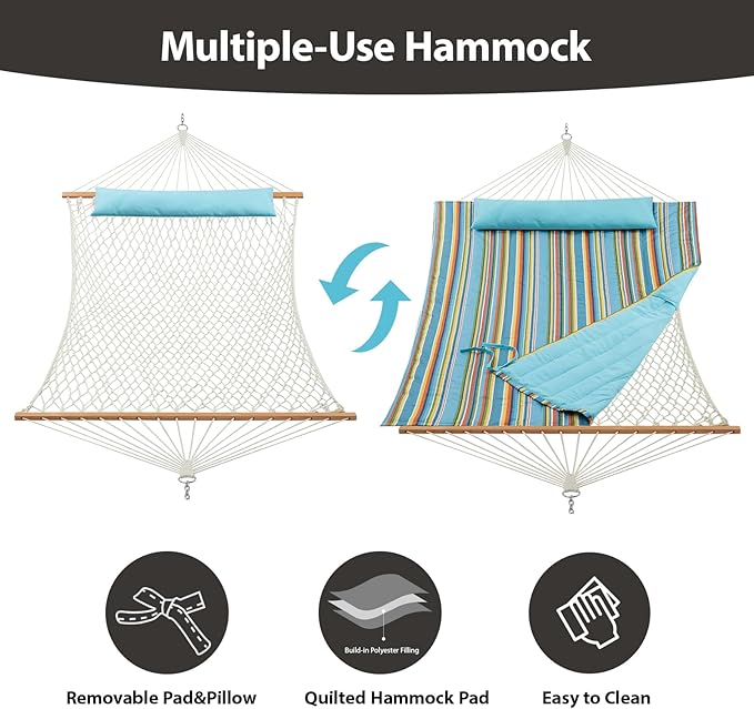 Outdoor Double Hammock with Hardwood Spreader Bars, Large Rope Hammock with Polyester Pad and Pillow, 475 LBS Capacity for 2 Person Patio Backyard Poolside - Bule Stripe CHULIM
