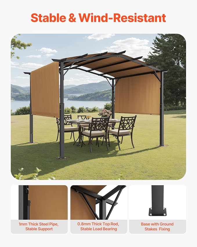 VEVOR 10 x 10 ft Outdoor Pergola, Arched Top Metal Pergola, Retractable Pergola with Sun Shade Canopy, Large Patio Shelter Pavilion, Heavy Duty Garden Pergola for Deck Backyard Porch Poolside VEVOR