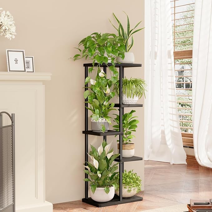 Bamworld Plant Stand Indoor, Corner 5 Tier Metal Plant Shelf for Multiple Plants, Tiered Flower Pot Stands for Patio Garden Balcony Living Room Bedroom, Black Bamworld
