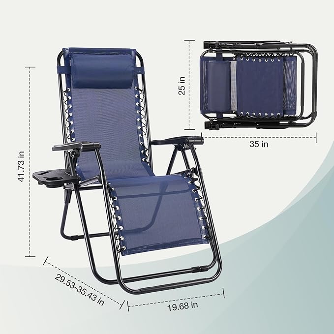 NEWBULIG Zero Gravity Chair Set of 4, Lounge Chair Folding Portable Adjustable Camping Reclining Chairs with Adjustable Pollow, Mesh Back, Cup Holder Trays Lawn Patio Chair for Pool Beach - Blue NEWBULIG