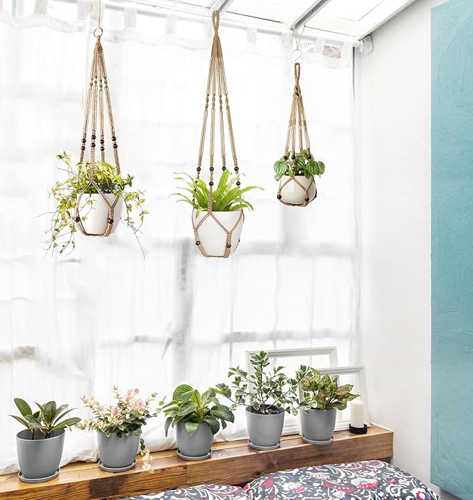 Mkono 3 Pack Macrame Plant Hangers Indoor Different Size Hanging Planter Basket Flower Pot Holder with Beads No Tasselss 43"/35"/29", Large, Brown Mkono