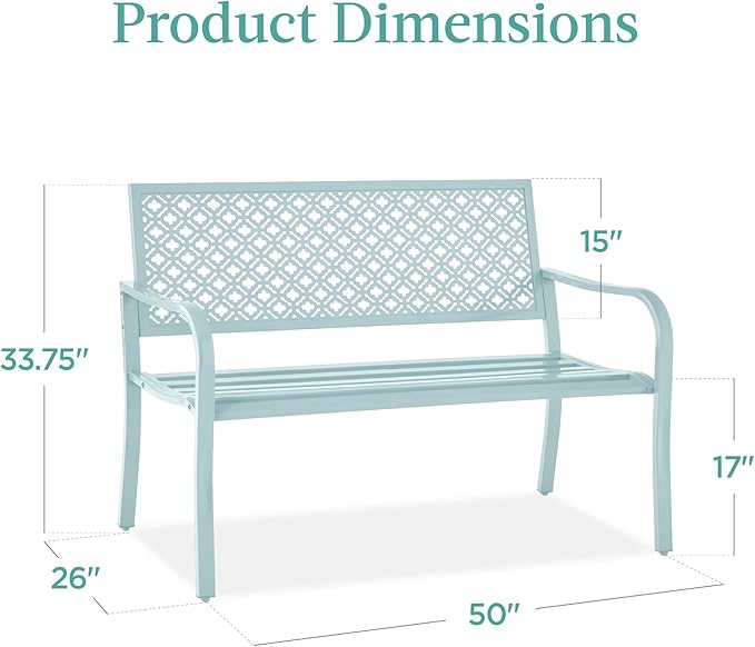 Best Choice Products Outdoor Bench 2-Person Metal Steel Benches Furniture for Garden, Patio, Porch, Entryway w/Geometric Backrest, 790lb Capacity - Sky Blue BestChoiceProducts
