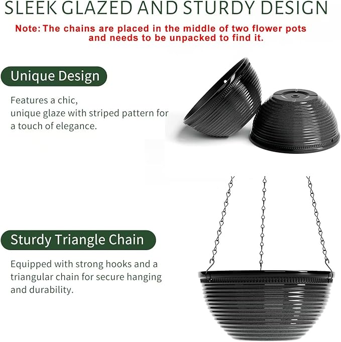 2 Pack Hanging Planters for Indoor Outdoor Plants, 10 Inch Hanging Planter with Drainage Hole & Plug Glazed Hanging Baskets Flower Pots for Garden Home (Black) Vanslogreen