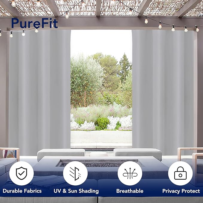 PureFit Outdoor Curtains for Patio Waterproof Weatherproof, UV Resistant Outside Curtains for Gazebo, Front Porch, Pergola, Sun Blocking Privacy Curtain, 52W x 84L inch, 1 Panel, Light Gray PureFit