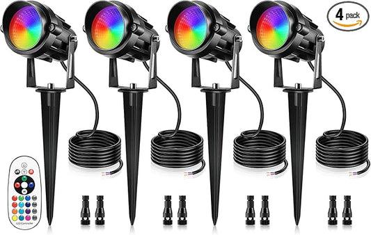 12W RGBW Color Changing Landscape Lights - Low Voltage LED Landscape Lighting, Remote Control Spotlight Outdoor Waterproof Garden Pathway Halloween Christmas Spot Lights, 4 Pack with Connector LemonBest