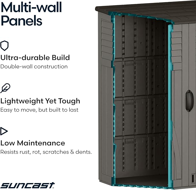 Suncast Outdoor Storage Cabinet Waterproof Resin Vertical Outdoor Storage Shed (54 cu. ft.) for Patio, Garden Tools, Cushions, & Equipment. Weatherproof Plastic Multi-Wall Design, Capacity Made in USA Suncast