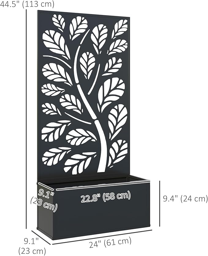 Outsunny Metal Raised Garden Bed with Trellis for Climbing Plants, Freestanding or Wall Mounted Flower Bed with Privacy Panel, Twigs and Leaves Cut-Outs Outdoor Planter Box for Garden, Patio, Balcony Outsunny