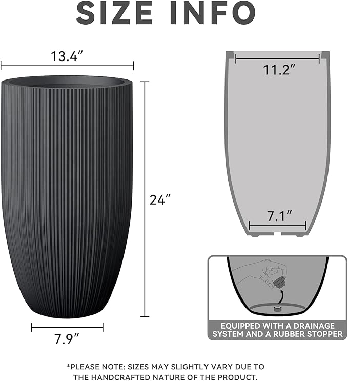Kante 24 Inch Tall Round Concrete Planter, Large Indoor Outdoor Plant Pots with Drainage Hole and Rubber Plug, Modern Decorative Garden Pots for Home Patio Porch, Textured Black Kante