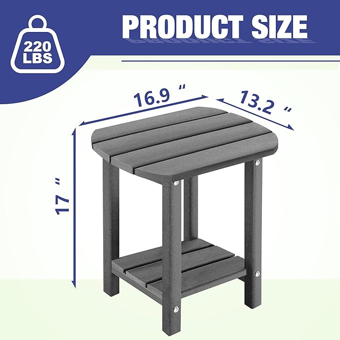 LZRS Outdoor Side Table - 2-Tier Adirondack HDPE Patio End Table for Pool, Porch,Balcony & Backyard,Weather Resistance for Indoor and Outdoor use(Grey) LZRSPET