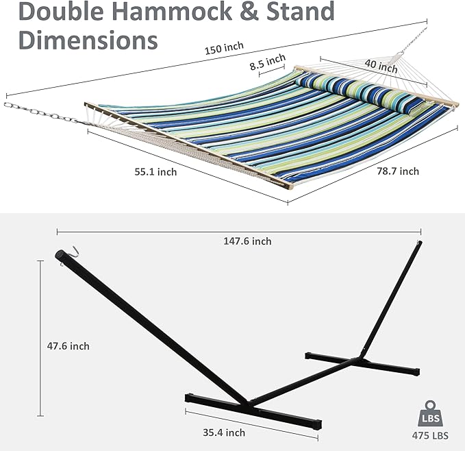 SUNCREAT Hammock with Stand 2 Person Heavy Duty, Freestanding Hammock with Spreader Bar, Soft Pillow, Green Stripes SUNCREAT