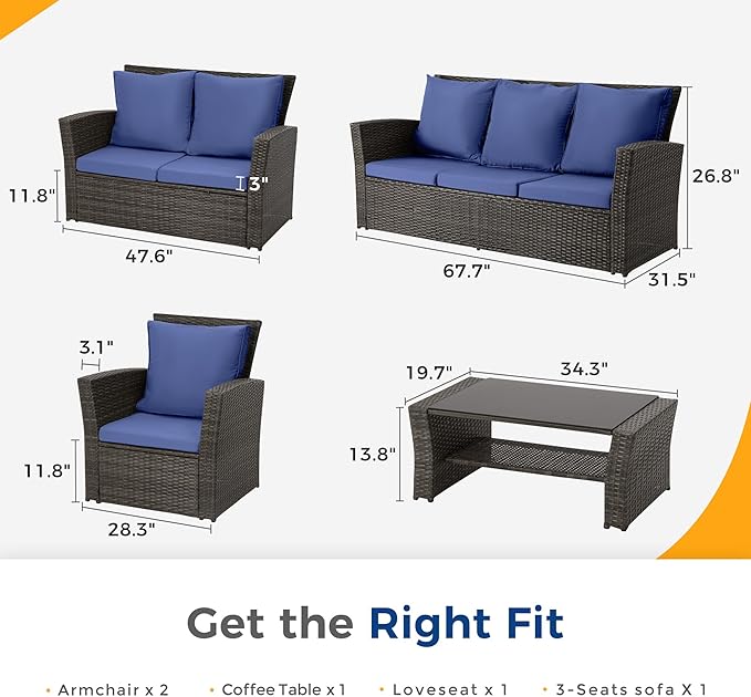Wisteria Lane 5 Piece Patio Furniture Set, Wicker Outdoor Patio Conversation Furniture Set, All Weather Outdoor Patio Sofa with Cushion and Glass Table, Blue WisteriaLane