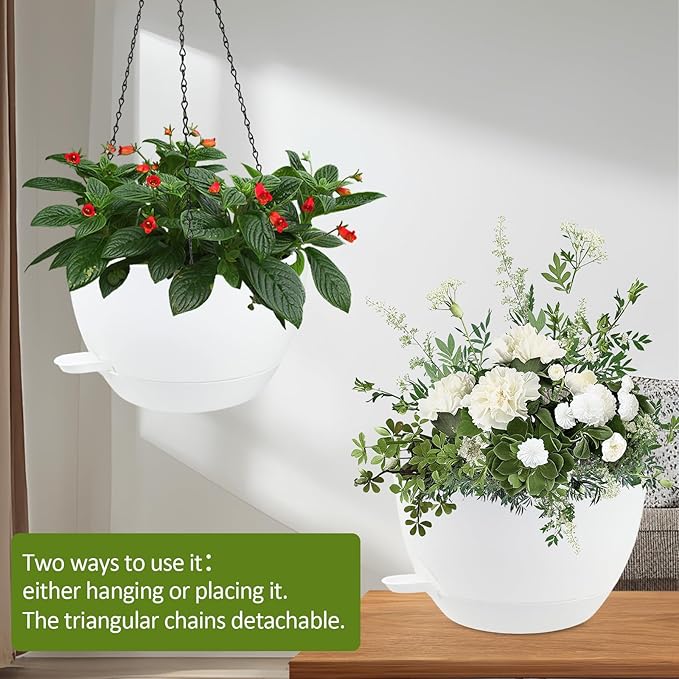 WOUSIWER Self Watering Hanging Planters, 2 Pack 12'' Plastic Pots with Drainage Holes & Reservoir Tray (White) | Indoor & Outdoor Use for Ferns, Ivy, Herbs, Succulents WOUSIWER