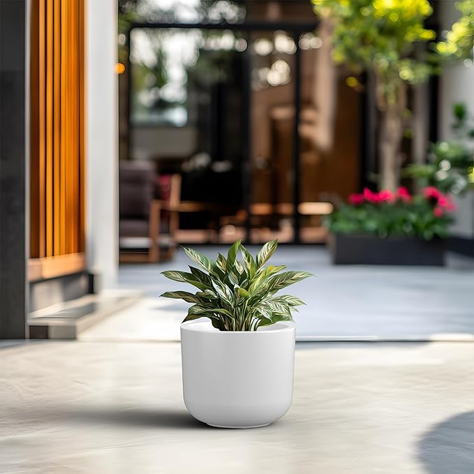 Kante Round Concrete Planter, 11 Inch Dia Classic Style Large Plant Pot with Drainage Hole for Indoor & Outdoor Plants, Ideal for Home, Patio, Garden, White Kante