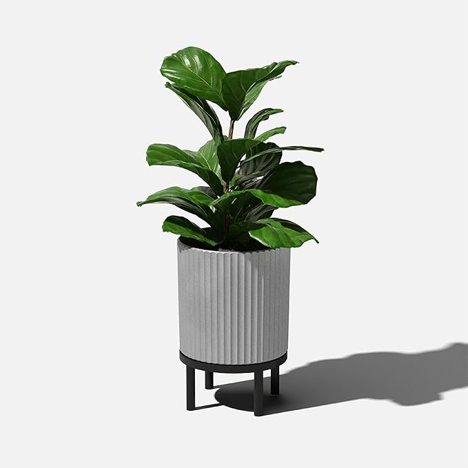 Veradek Demi Series Round Planter w/ Stand for Porch/Patio | Durable Plastic-Concrete & Wooden Stand | Modern Décor for Tall Plants, Flowers VeradekOutdoor