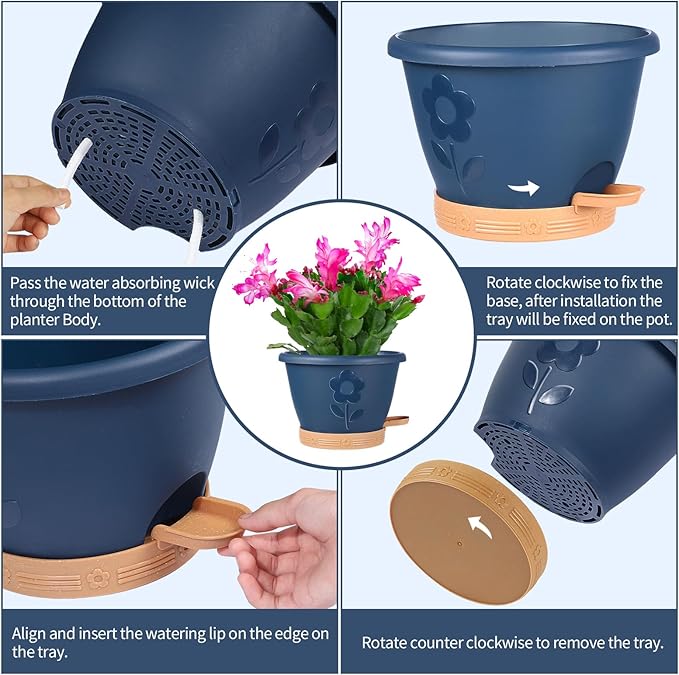Plastic Plant Pots 10 Inch Set of 4, Self Watering Pots with Drainage Holes, Saucer & Reservoir, Flower Pots for Indoor/Outdoor Plants, Decorative Nursery Planting Pots (Blue) gegemaoyi