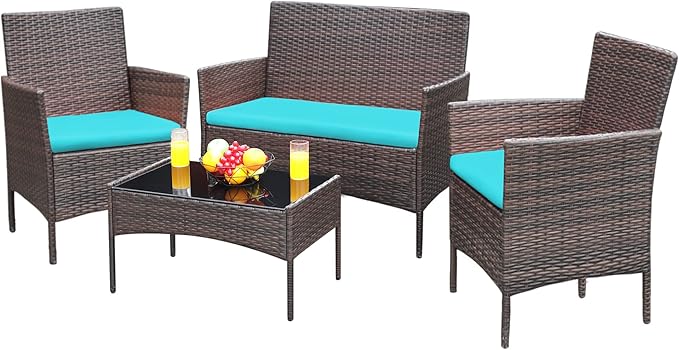 Greesum Patio Furniture 4 Pieces Conversation Sets Outdoor Wicker Rattan Chairs Garden Backyard Balcony Porch Poolside loveseat with Soft Cushion and Glass Table, Brown and Blue BuynowfromGreesum