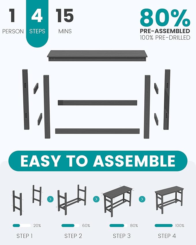 SERWALL 41" Outdoor Bar Table with 1.6" Umbrella Hole, HDPE Patio Bar Counter Height Table, All-Weather Rectangle Bar Table for Backyard, Garden, Poolside, Balcony - Grey SERWALL