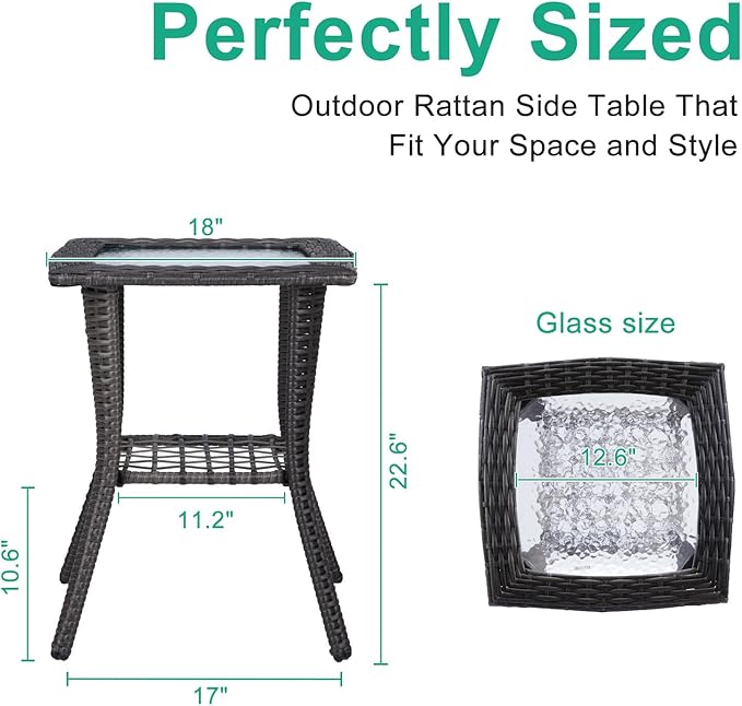 VINGLI Outdoor Side Table with Storage Wicker Patio Side Table, Tempered Glass Top End Table for Balcony Porch Deck (Grey) VINGLI