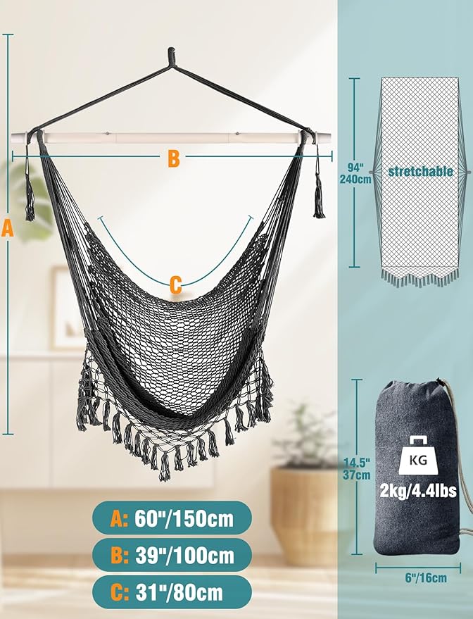Chihee Hammock Chair Super Large Soft-Spun Cotton Rope Weaving Hanging Chair, Collapsible Strong Metal Spreader Bar Wide Seat Lace Stretch Swing Chairs Indoor Outdoor Garden Yard Theme Decoration Chihee