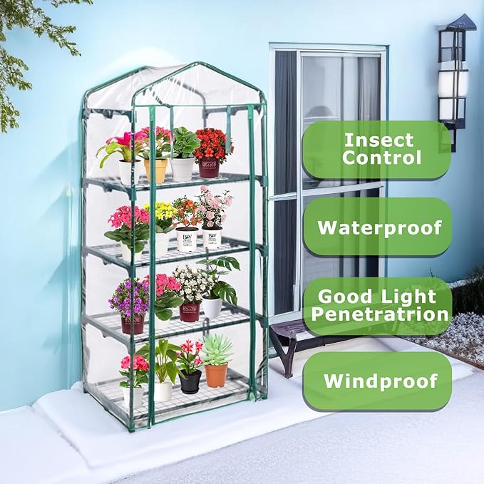Mini Greenhouse for Indoor Outdoor, Plant Green House 4-Tier Rack Stand Portable Greenhouses with Durable PVC Cover for Seedling, 2.5x1.6x5.2 FT,Ideal Gardening Gifts for Women Men(PLGH704P) Purlyugreenhouse