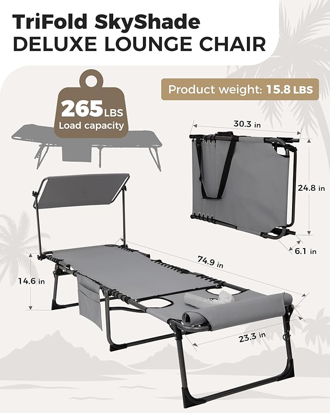 KingCamp 2 Pack Tanning Chair with Face Hole, Lounge Chairs Outdoor Folding Comfy Adjustable 5-Position Foldable Chaise Chaser with Canopy Shade for Outside Beach Patio, Grey KingCamp