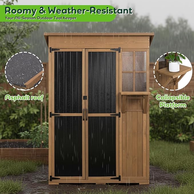 51" L Outdoor Storage Cabinet Waterproof with Shelves, Outside Storage Shed Backyard Tall Cabinet with Fold-Out Table for Patio, Garage, Garden, Pool Accessories Storage PETSCOSSET
