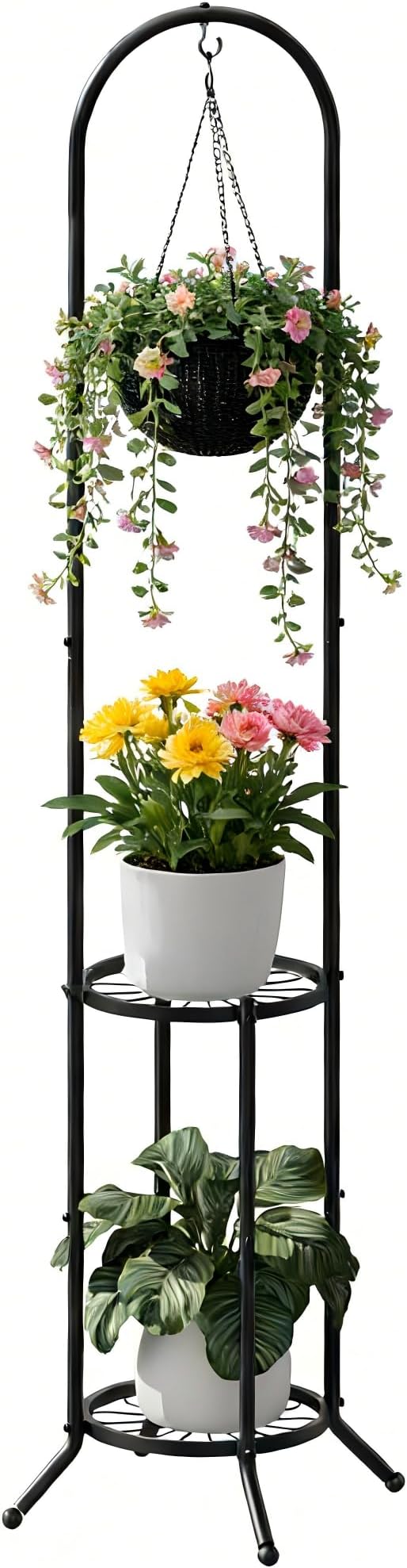 2-tier Hanging Plant Stand Plant Hanger Indoor Outdoor Corner Plant Stands for Indoor Plants, Space-Saving Iron Planter Shelves, Multiple Flower Pot Display Holder Shelf with Hanging Hook, Indoor Outdoor Heavy Duty Planter Shelving Unit (n-style,Black) Dawnyard
