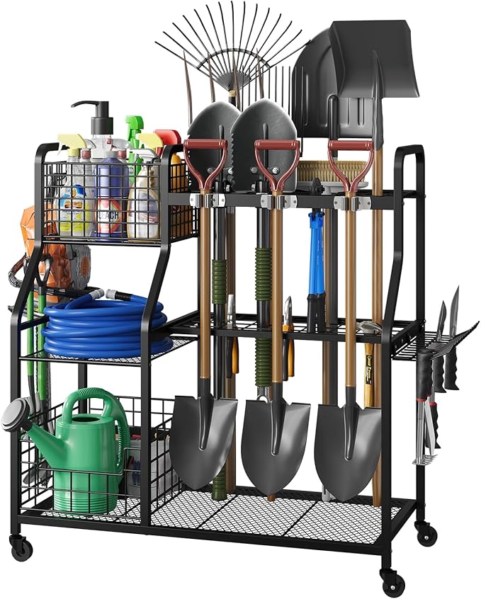 keomaisyto Garden Tool Organizer with Heavy Duty Wheels for Garage - with 2 Baskets, Large Yard Tool Organizer and Storage Holder, Utility Garden Tool Rack for/Shed/Garage/Yard/Basement/Lawn keomaisyto