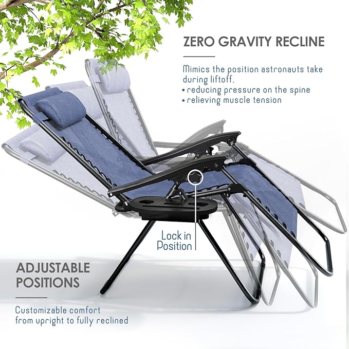 Nestl Zero Gravity Chairs Set of 4, Patio Lounge Chair Outdoor with Pillows & Cup Holder Trays, Adjustable Steel Mesh Reclining Camping Chair, Folding Patio Lawn Chair for Deck, Beach, Yard - Blue Nestl