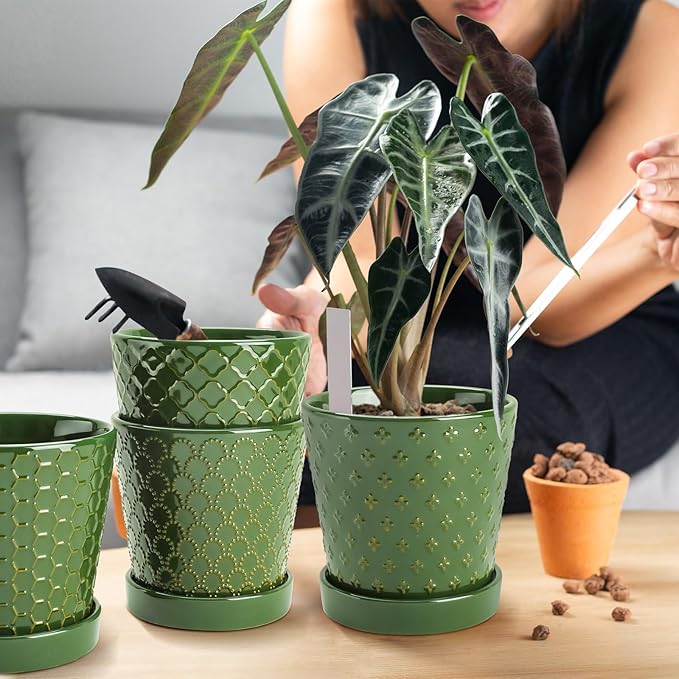 EFISPSS Ceramic Plant Pots, 5 Inch Planters with Drainage Holes and Ceramic Tray, Relief Design Flower Planter, Desktop Office Windowsill Decoration Gift Set of 4 - Blackish Green EFISPSS