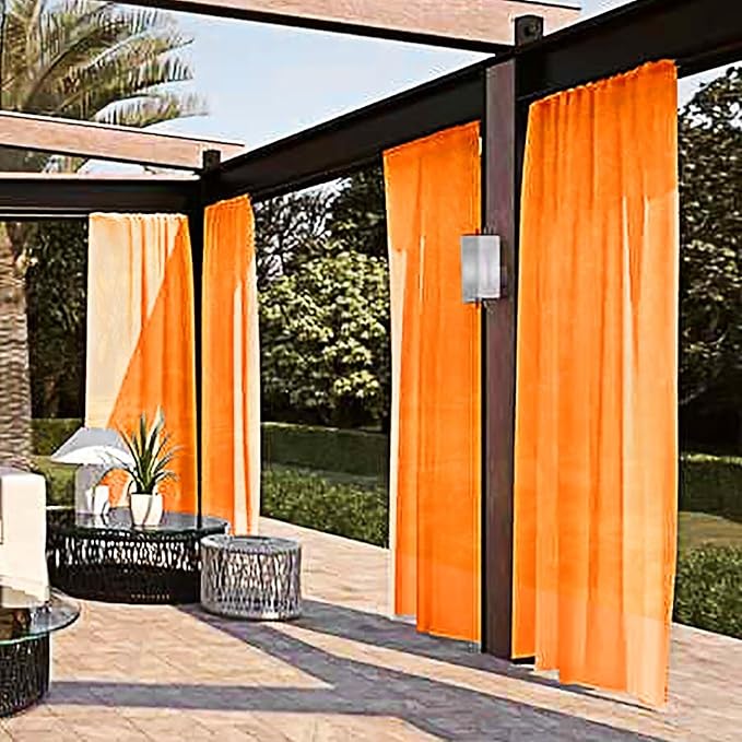 SpaceDresser Waterproof Outdoor Sheer Curtains for Patio - 4 Panels Rod Pocket Indoor Voile Sheer Curtain for Living Room,52W x 108L inch, Orange SpaceDresser