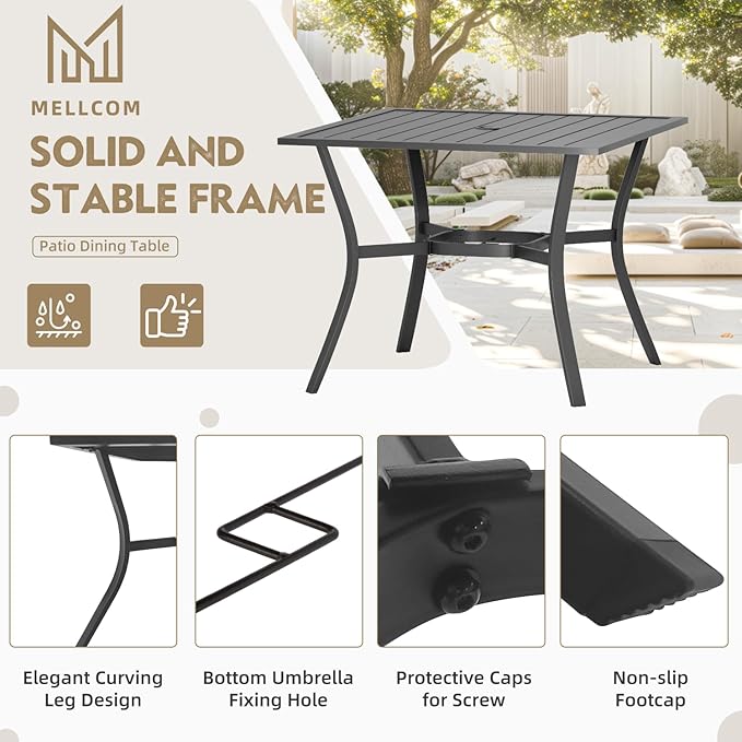MELLCOM 37''x37'' Outdoor Dining Table for 4, E-Coating Metal Patio Dining Table with 1.57'' Umbrella Hole, All-Weather Black Square Table for Porch, Garden, Backyard, Poolside MELLCOM