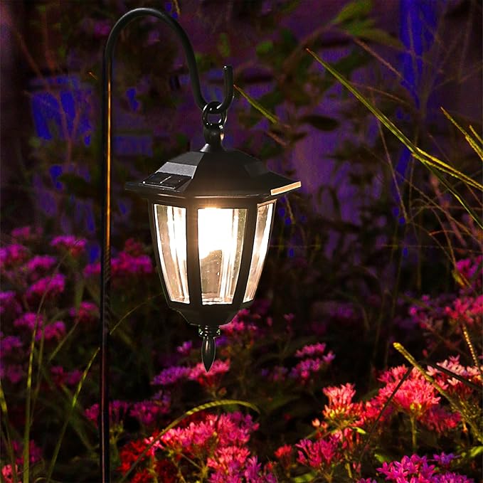 Dynaming 2 Pack Solar Hanging Lights Outdoor, Solar Powered Garden Decorative Lanterns with 2 x 38 Inch Shepherd Hooks, Waterproof Landscape Lighting for Lawn Patio Yard Pathway Driveway, Warm White Dynaming