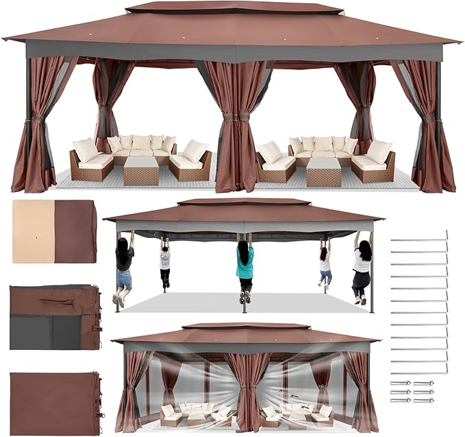 COBIZI Gazebo 12x20 Heavy Duty Gazebos with Curtain and Netting Outdoor Gazebo Canopy Double Roof Patio Gazebos with Metal Steel Frame for Patio, Deck, Backyard-Brown COBIZI