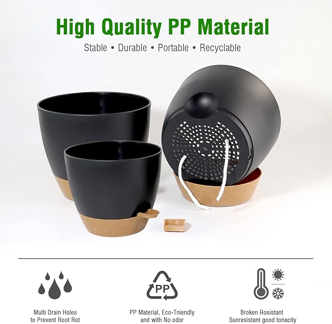 10/9/8 inch Self Watering Pots, Set of 3 Plastic Planters with Mesh Drainage Holes and Deep Reservoir for Indoor Outdoor Garden Plants and Flowers, Black with Brown UOUZ