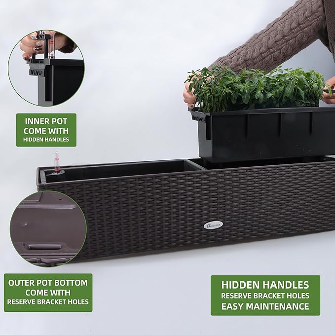 Dexceder 31.5 Inch Rattan Self Watering Planter Indoor Outdoor, Thickened Large Rail Flower Plant Pot Window Box with Water Level Indicators (Brown) Dexceder