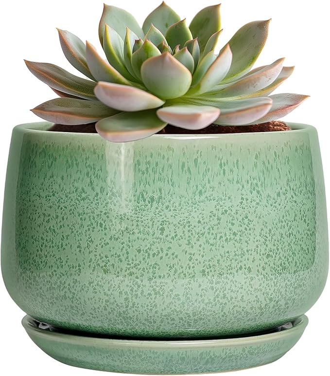 G EPGardening Ceramic Pots for Plants - 6 Inch Plant Pot with Drainage Hole and Saucer, Modern Ceramic Planter for Indoor Outdoor, Round Flower Planter, Gifts for Plants Lovers, Home Decor, Green GEPGardening