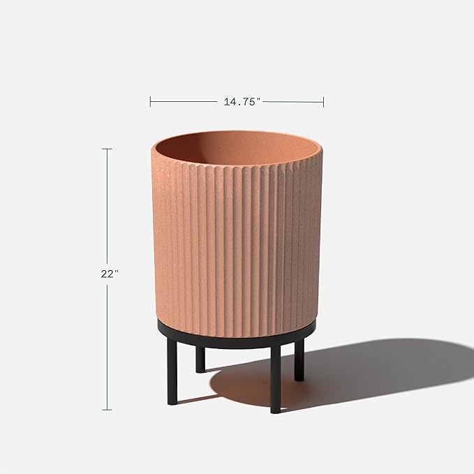 Veradek Demi Series Round Planter w/Stand for Porch/Patio | Durable Plastic-Stone Composite & Wooden Stand | Modern Décor for Tall Plants, Flowers VeradekOutdoor
