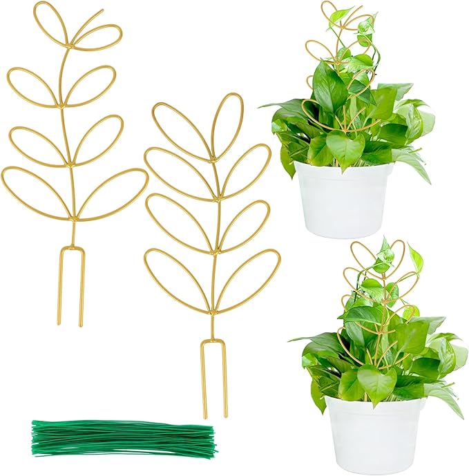 AUGSUN 2 Pcs Gold Trellis Leaf Shape 12 Inch Metal Plant Support with 50 Ties for Climbing Potted Plants Houseplant Garden Indoor Outdoor AUGSUN