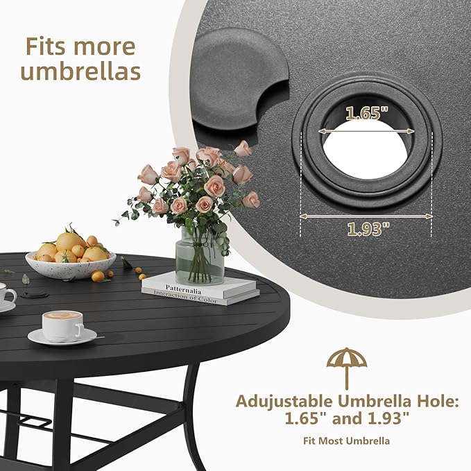 MELLCOM 53'' Round Outdoor Dining Table for 6, Metal Patio Dining Table with Umbrella Hole, All-Weather Black Table for Porch, Garden, Backyard, Poolside, Lawn MELLCOM