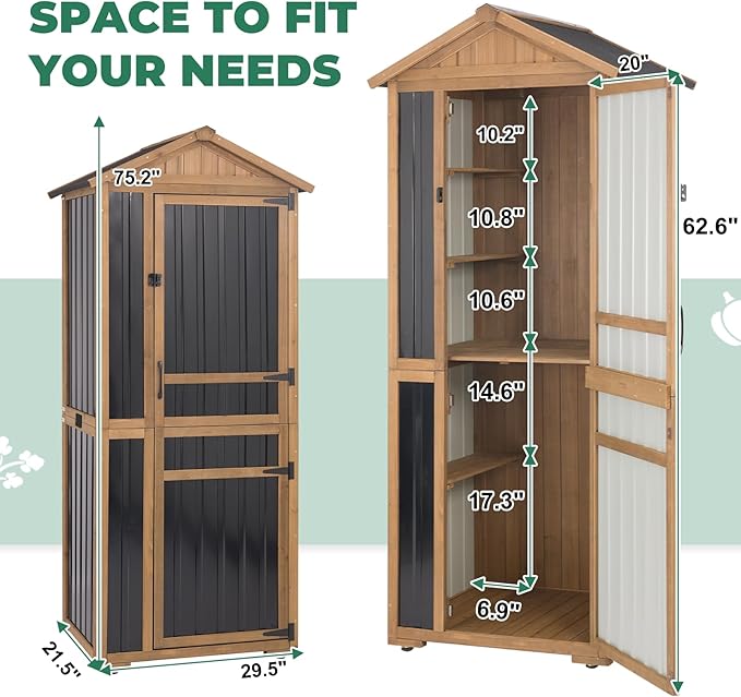 Large Outdoor Storage Cabinet with 4 Shelves, Wood Outdoor Storage Shed with Weatherproof Roof, Lockable Doors, Tall Outdoor Patio Cabinets for Garden Tool and Accessories, Brown MAGAZOOPET
