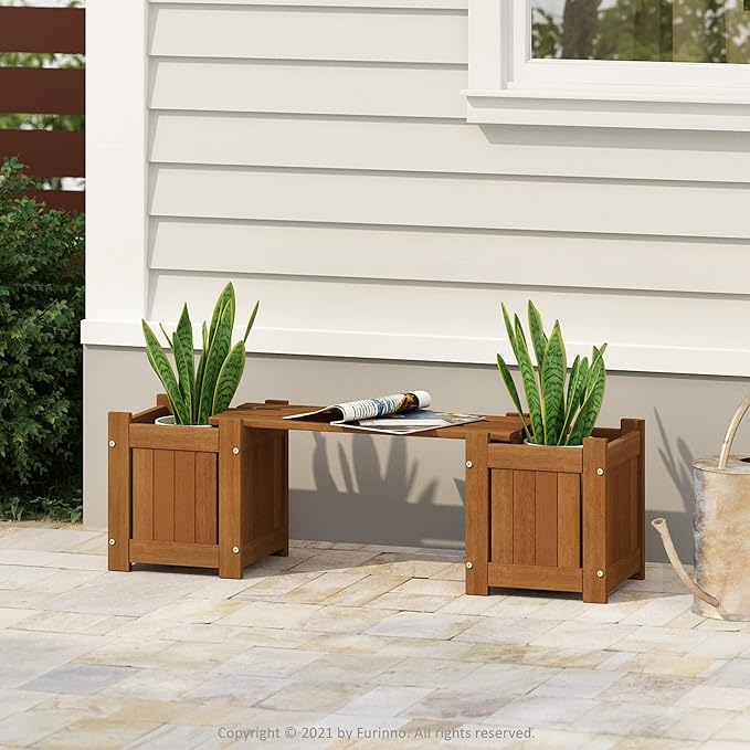 Furinno Tioman Hardwood Mini Outdoor Planter Box with Bench for Garden Plant Furinno-FitsYourSpaceFitsYourBudget