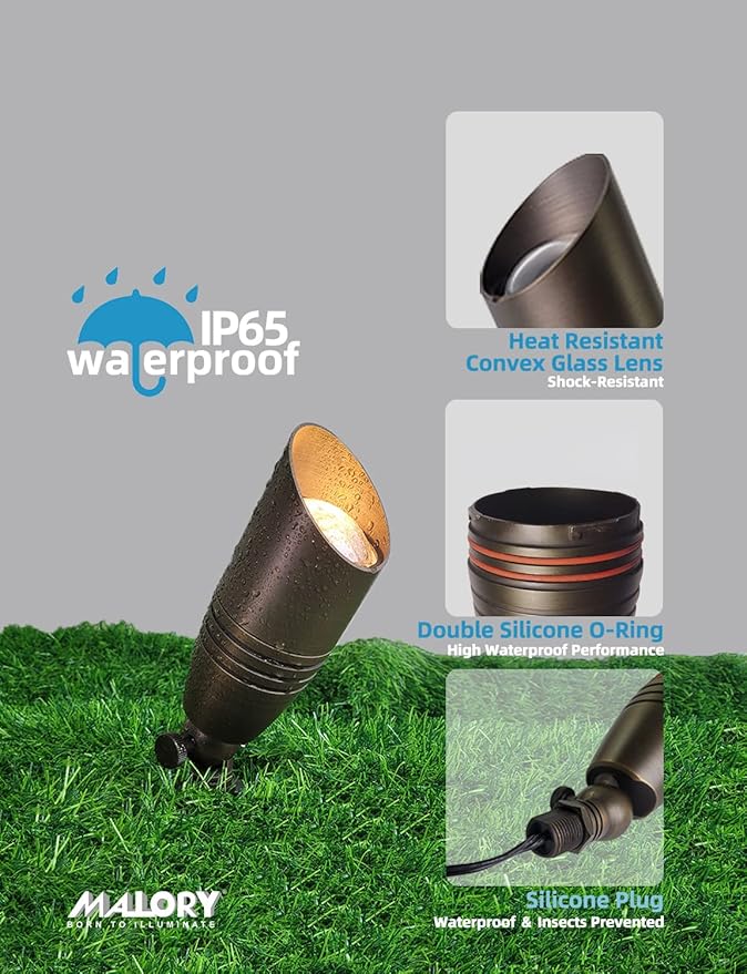 MALORY Brass Landscape Spotlights 4-Pack with Bulb Kit(S02), Low Voltage 12V AC/DC LED Outdoor Spot Uplights for House and Tree,PVC Ground Stake and Wire Connector Included, 5W 2700K Warm White MALORY