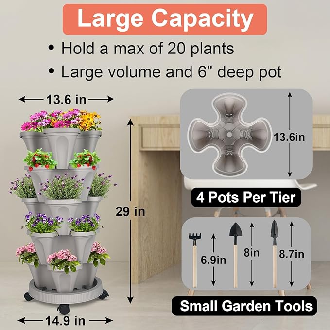 GameXcel Vertical Planter 5 Tier Stackable Planters Garden Planters Strawberry Herb Flower and Vegetable Planter Indoor Outdoor Gardening Pots with Removable Wheels and Tools 2-Pack GameXcel
