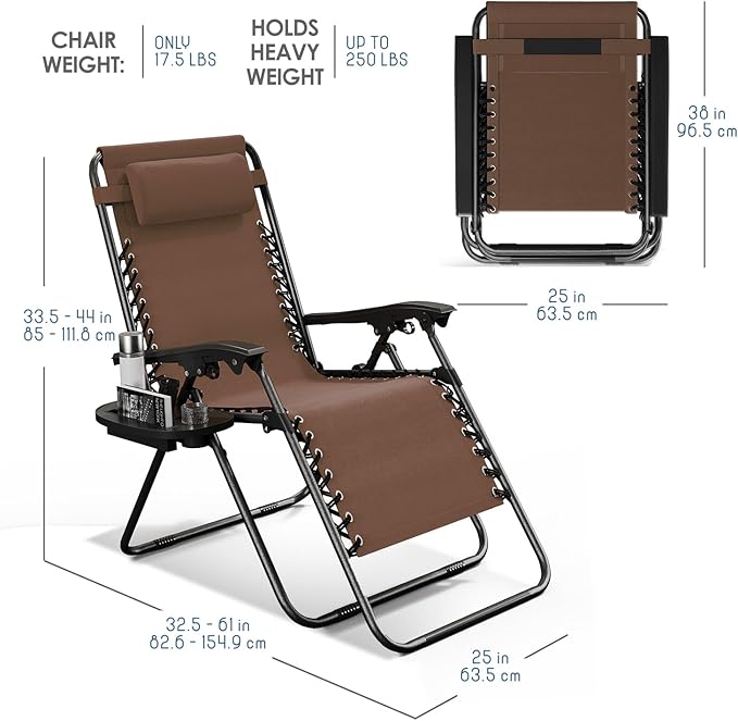 Nestl Zero Gravity Chairs Set of 2, Patio Lounge Chair Outdoor with Pillows & Cup Holder Trays, Adjustable Steel Mesh Reclining Camping Chair, Folding Patio Lawn Chair for Deck, Beach, Yard - Brown Nestl