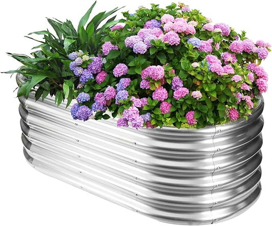 17" Tall Outdoor Garden Raised Garden Bed Kits, 4ft X 2ft Oval,0.8MM Thick Metal Raised Planter Bed/Ground Planter Box for Variety of Flowers,Herbs,Vegetables (Silver, 48X24X16.5 Inches) YSEJOMP