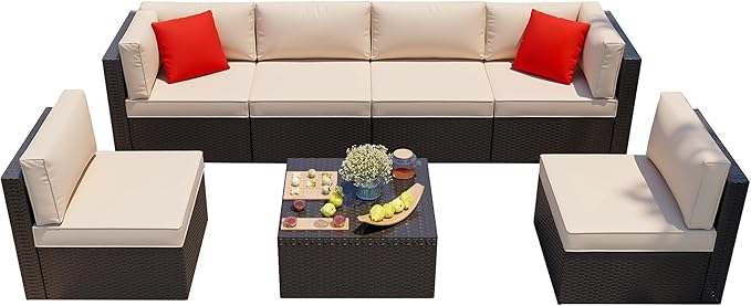 Shintenchi 7 Pieces Patio Furniture Sets Outdoor All-Weather Sectional Patio Sofa Set PE Rattan Manual Weaving Wicker Patio Conversation Set with Glass Table&Ottoman Cushion and Red Pillows, Beige Shintenchi