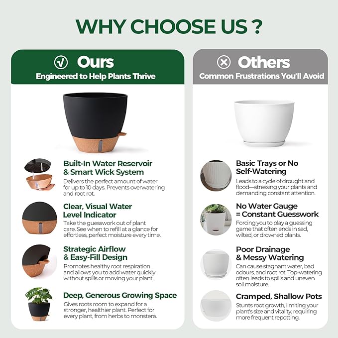 2 Pack 10 Inch Self Watering Pots - Water Level Indicator & Deep Reservoir, Mess-Free Planter for Busy People, Beginners & Gardeners, Fiddle Leaf Fig, Monstera, ZZ Plants, Indoor Outdoor Use (Black) T4U