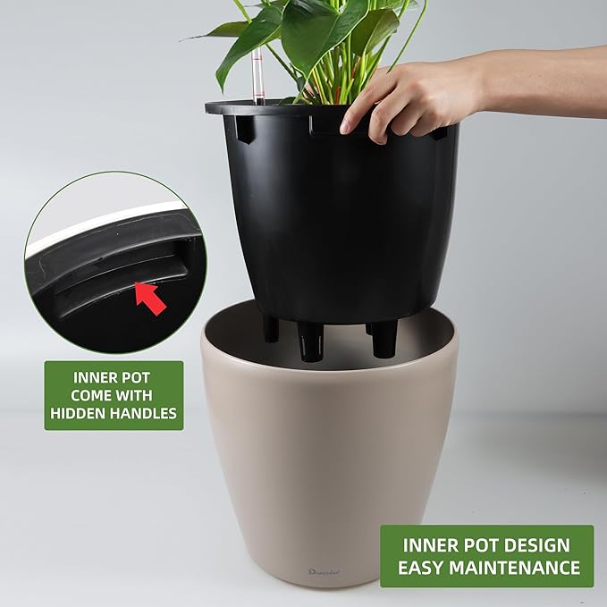 Dexceder 18x17 Self Watering Planter with Wheels Indoor Outdoor, Inner Pot Design, Thickened Large Floor Standing Flower Plant Pot with Water Level Indicator (Taupe Matte) Dexceder